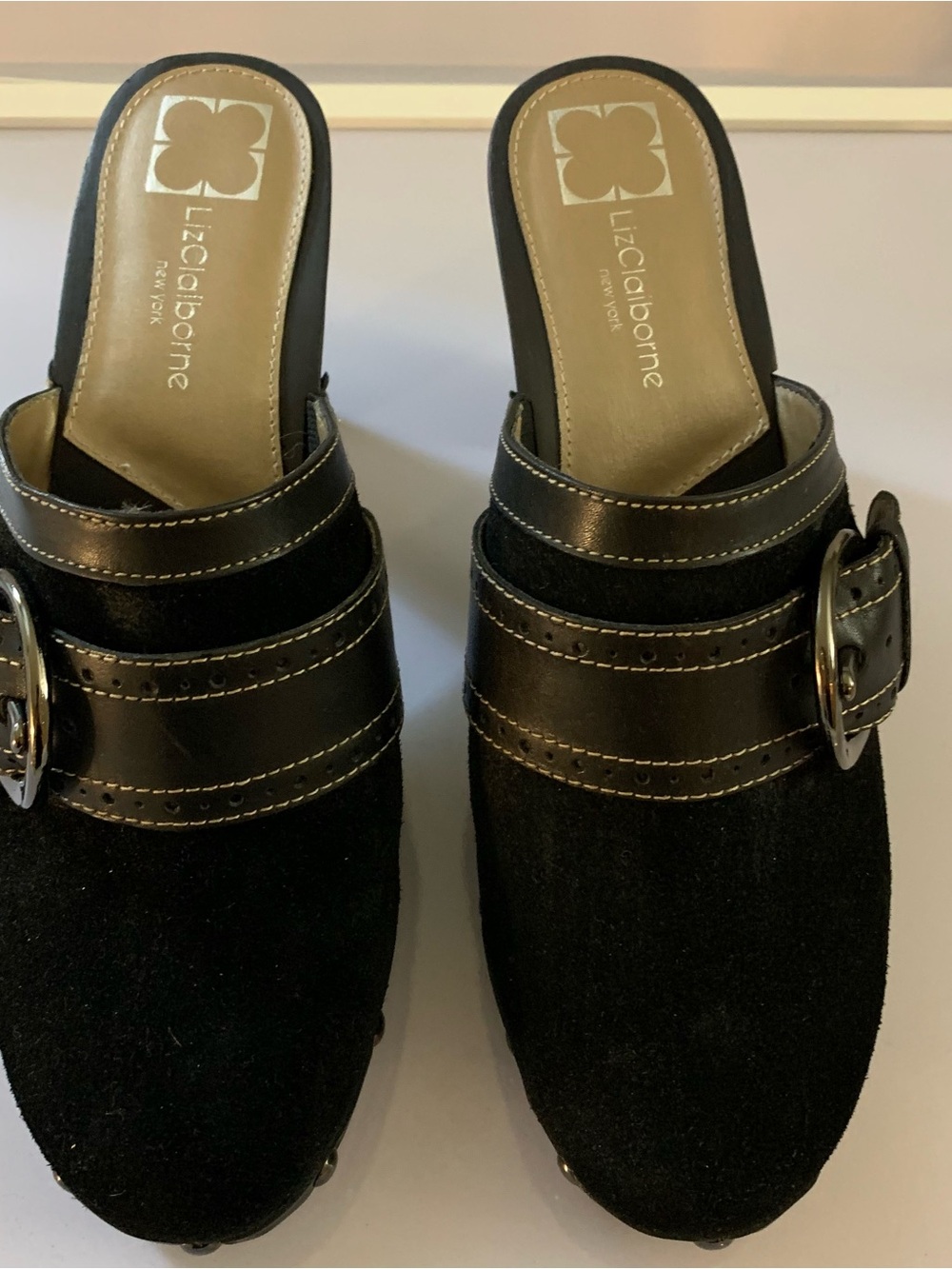 Liz Claiborne Black Slip-On Buckle Clogs